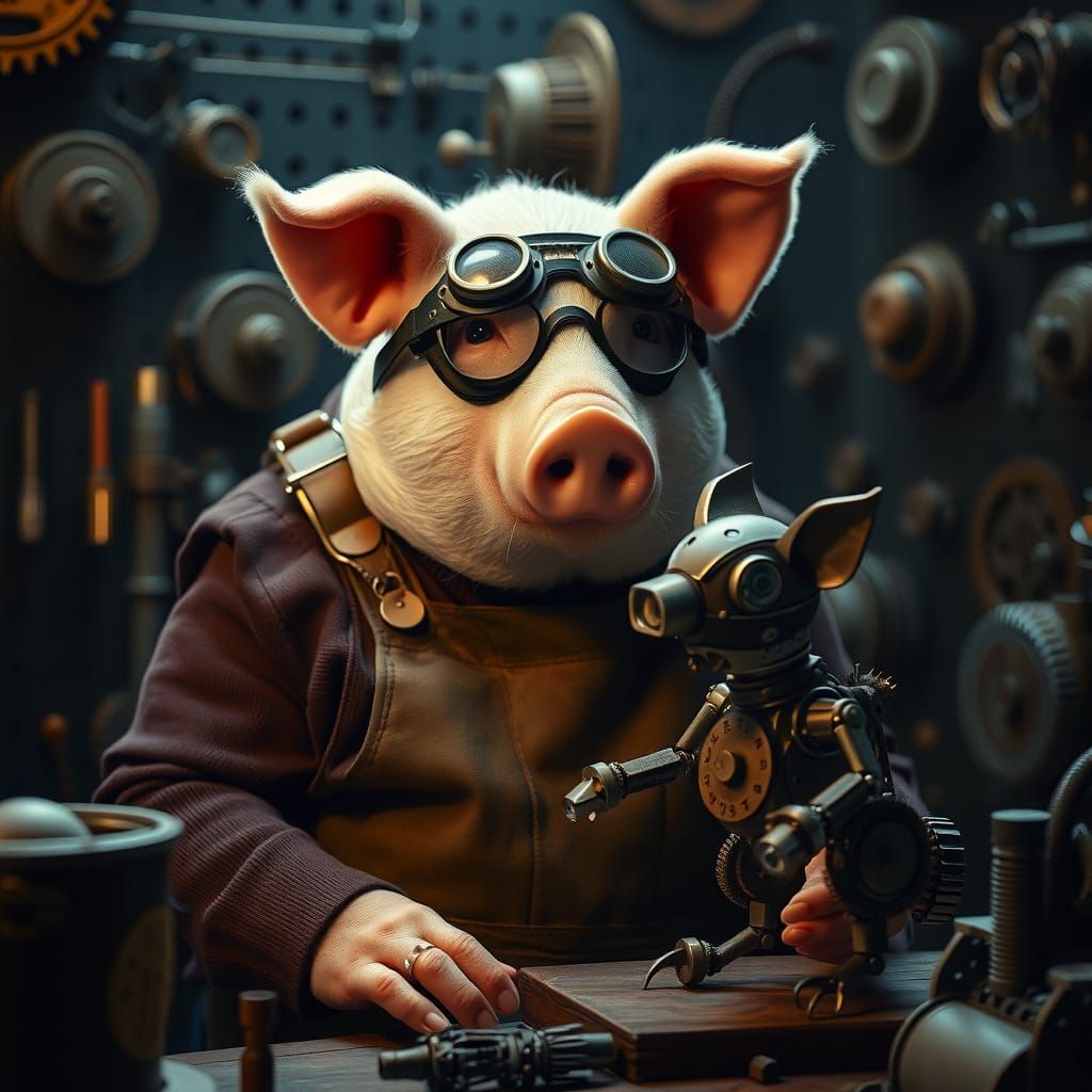 Steampunk Pig Artificer in Dark Fantasy World