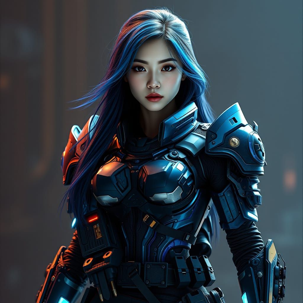 Cyberpunk Chinese Superheroine in Vibrant Blue Armor