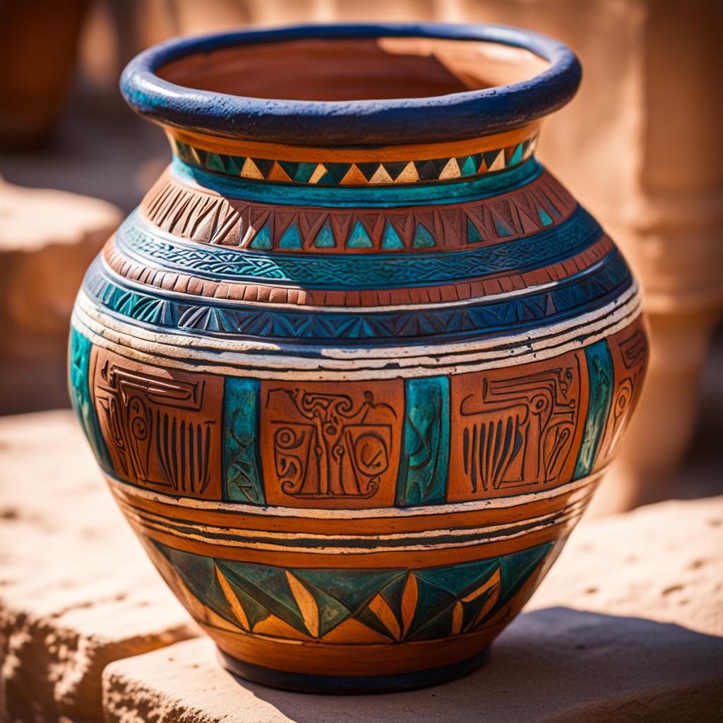 Ornate Egyptian Clay Pot in Sharp Focus