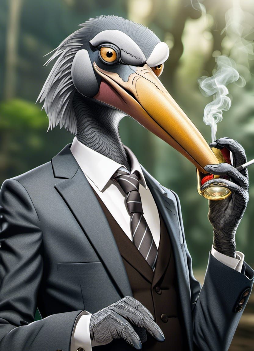 Shoebill Stork in Suit: Smoking and Drinking