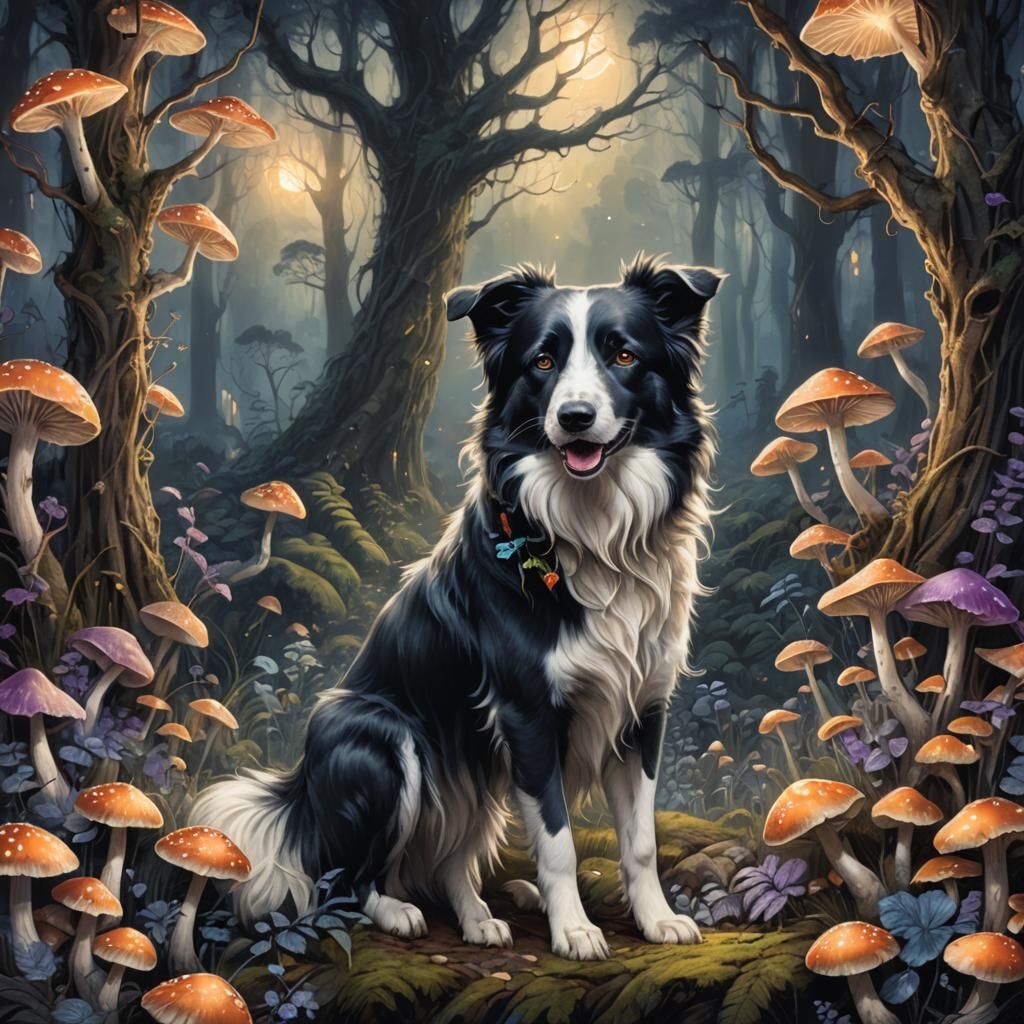Border Collie in Mystical Forest: Fantasy Concept Art