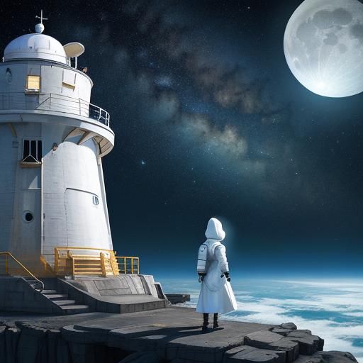 Lonely Astronaut Girl Awakens Ship AI at Cosmic Lighthouse