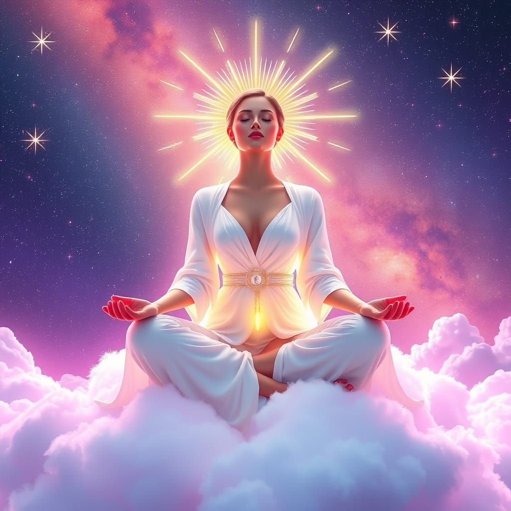 Radiant Woman Meditating on Cloud in Neon Starry Sky