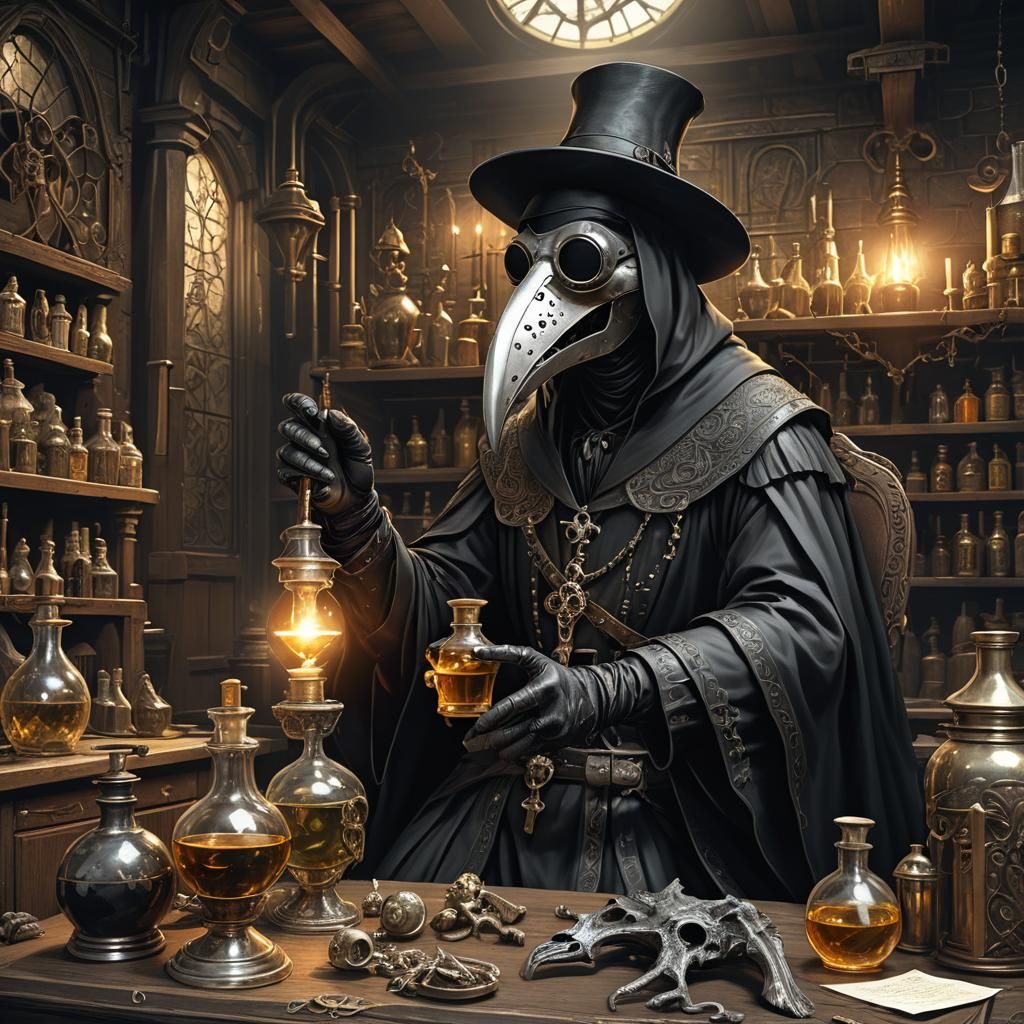 Plague Doctor in Ornate Mask in Laboratory