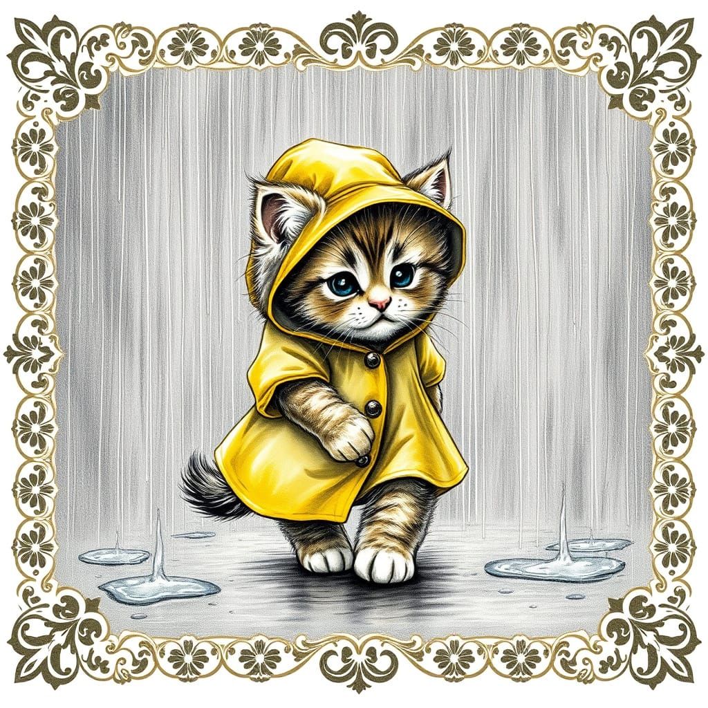 Kitten Walks in Rain, Charcoal Vintage Art