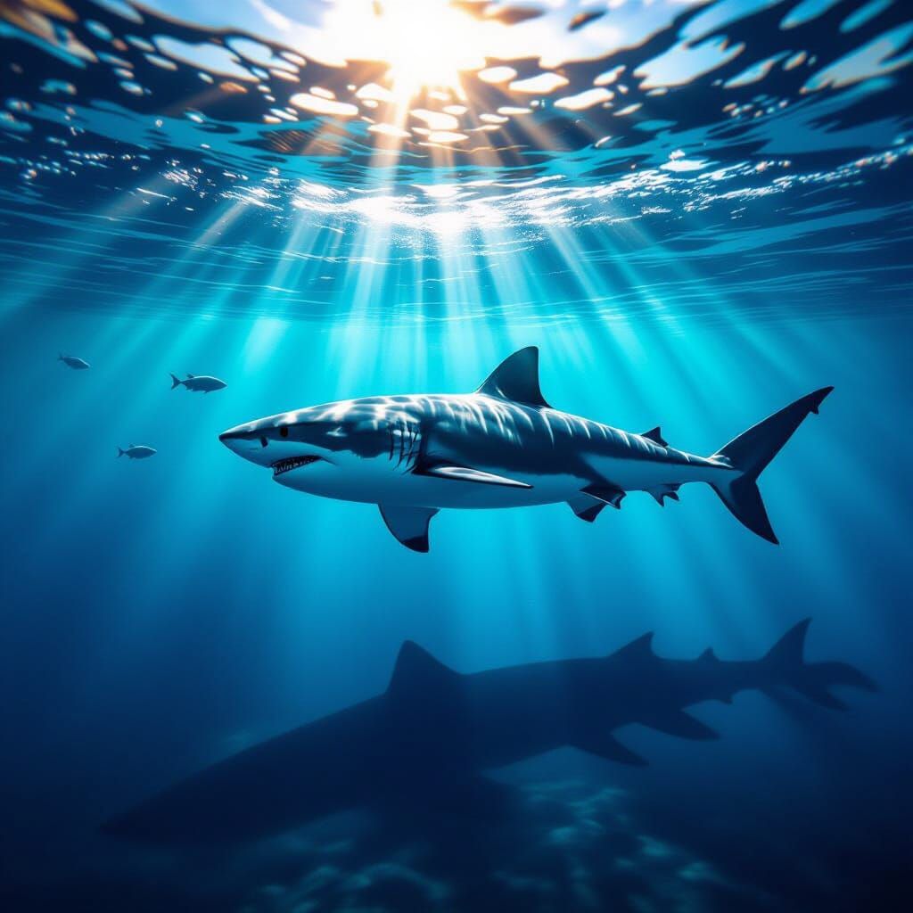 Massive Shark Gliding Under School of Fish