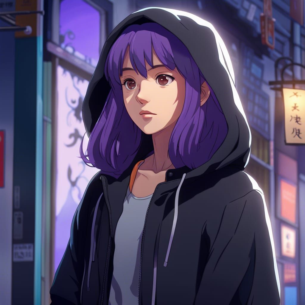 Anime Girl with Purple Hair in Ghibli Style