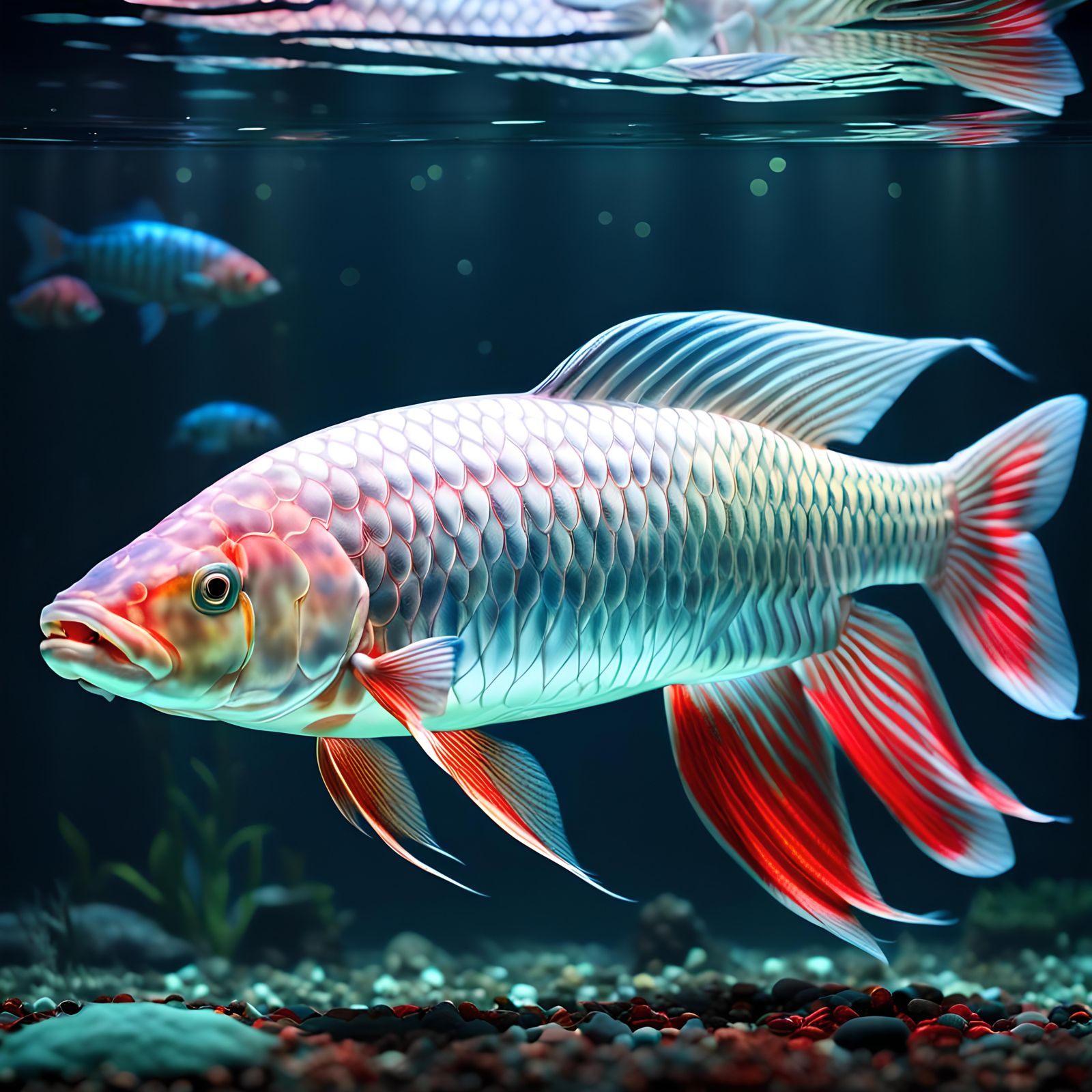 Albino Arowana in Illuminated Aquarium: 3D Render