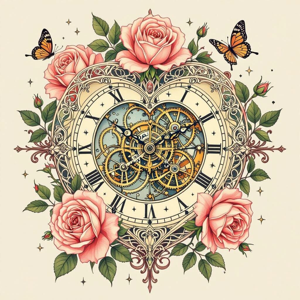 Clockwork Heart Tattoo Design in Art Nouveau Style