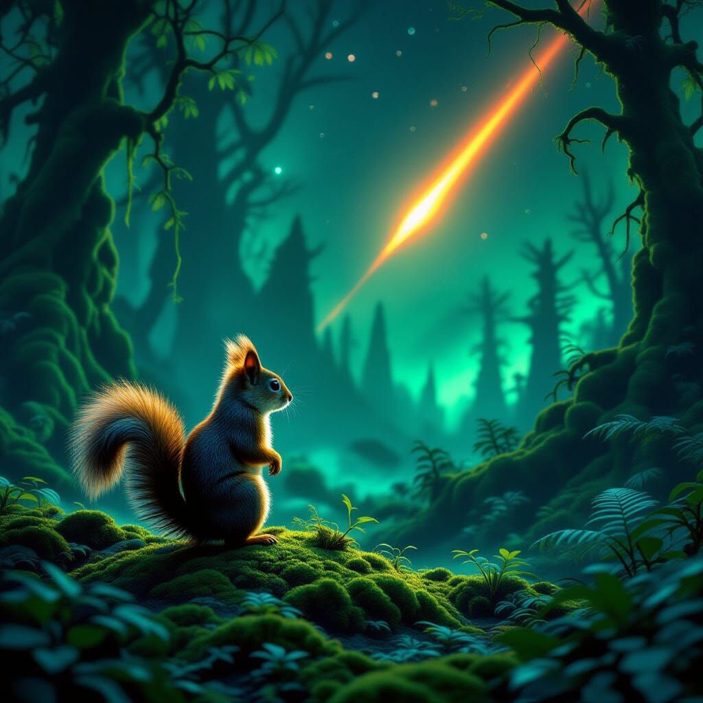 Squirrel Gazes at Ethereal Light on Alien Planet