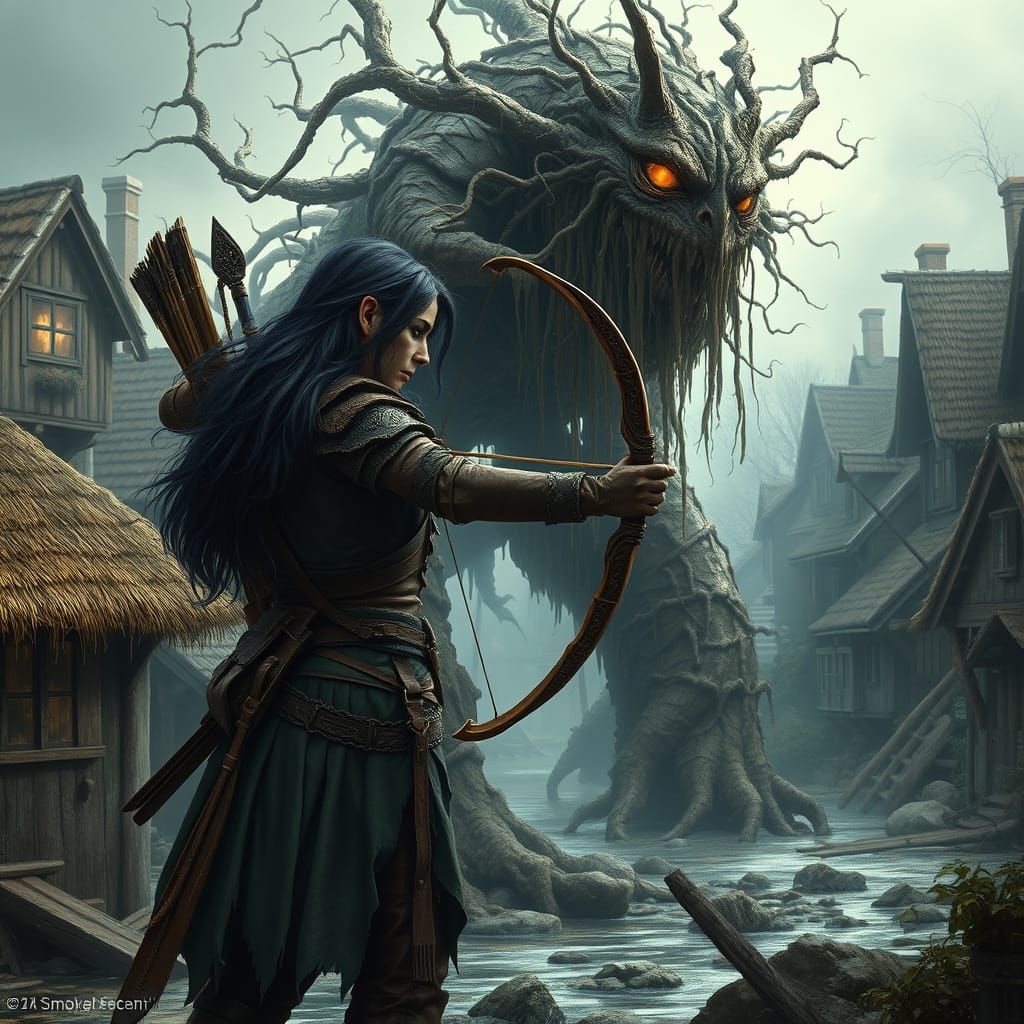 Dark Elf Archer Battles Mud Monster in Medieval Copenhagen