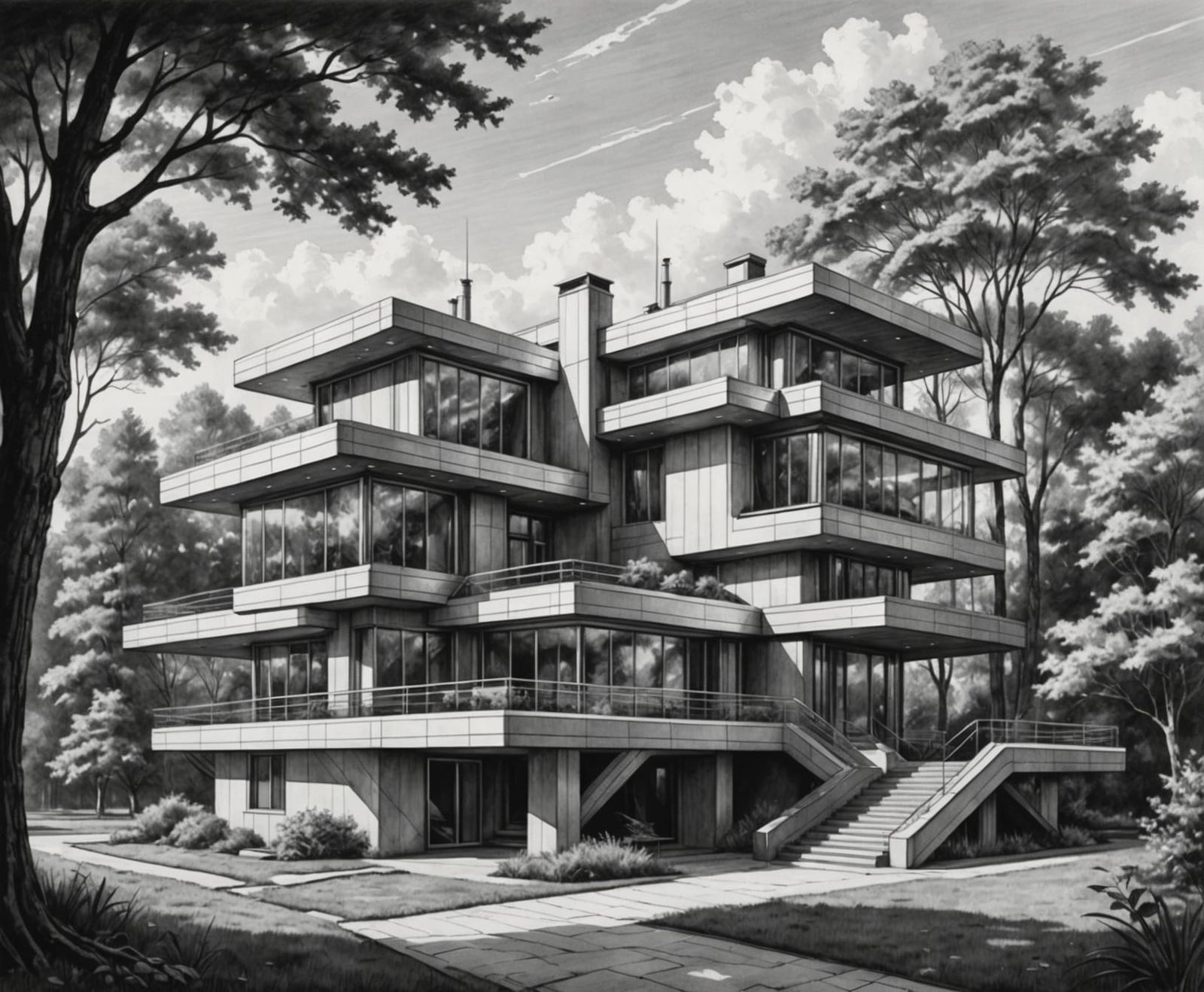 Retro-Futuristic Country Estate in Vibrant Contrasting Color...