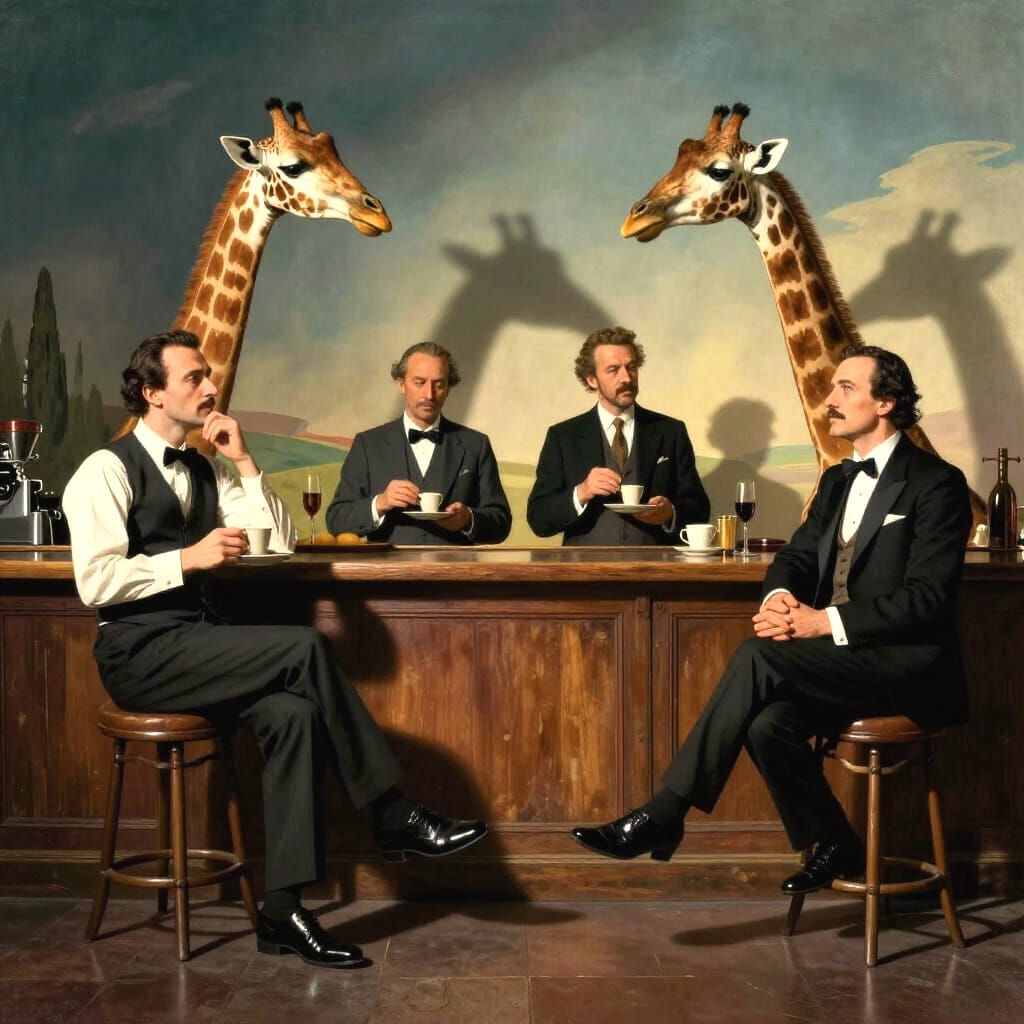 Surreal Giraffe Baristas Contemplating Eternity in Caravaggi...
