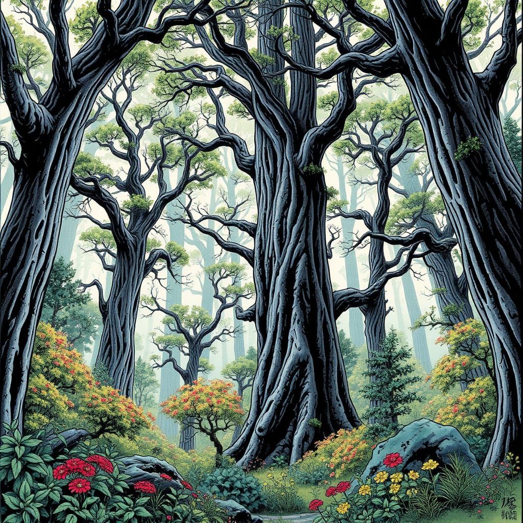 Misty Forest with Towering Trees in Detailed Ink Style