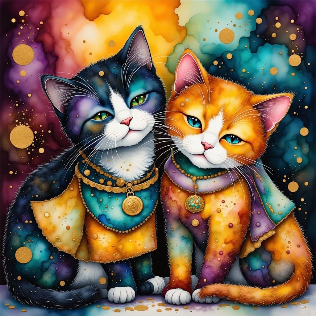 Two Cats Under Golden Spotlights in Whimsical Ink Style