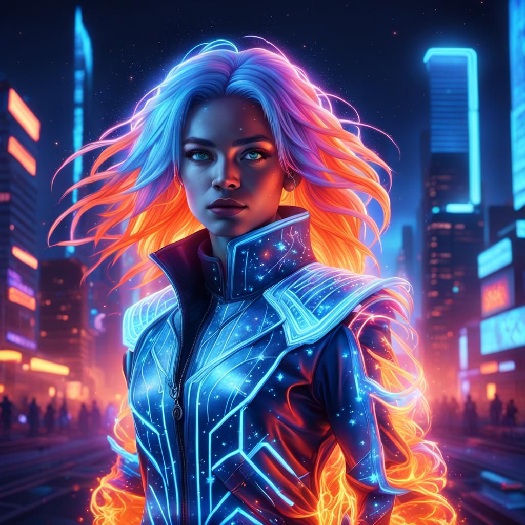 Ice Mage with Fire Hair in Synthwave Neon Retro