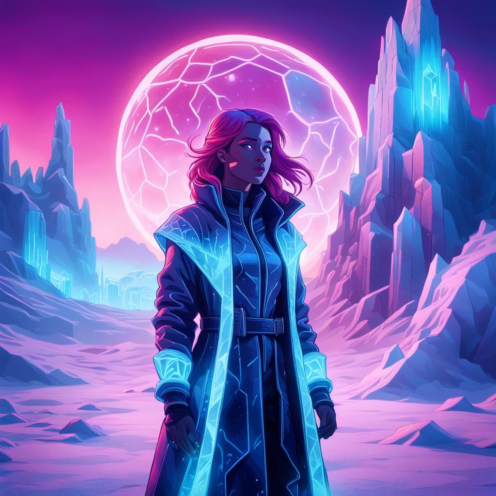 Synthwave Ice Mage in Neon Retro Landscape