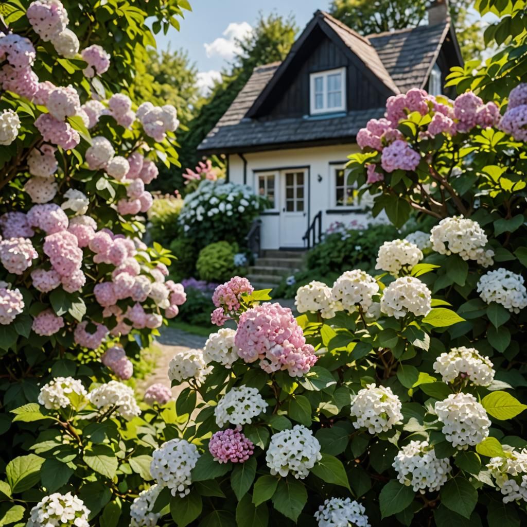 Snowball Viburnum and Lilac Cottage Garden in Bloom