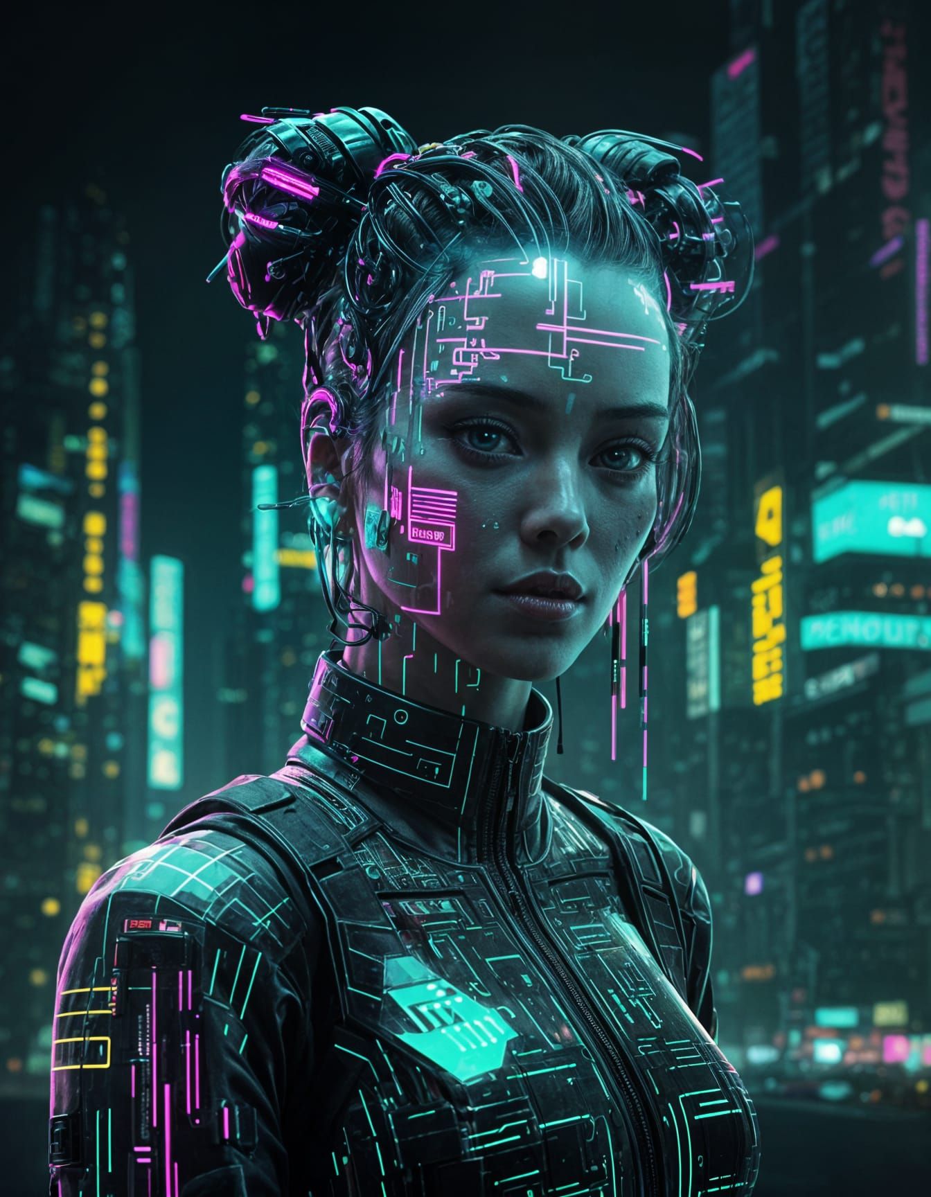 Glitched Cyberpunk Girl Digital Avatar in Neon