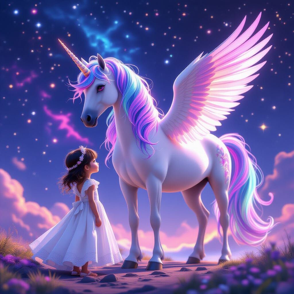Toddler and Winged Unicorn in Cosmic Anime Style