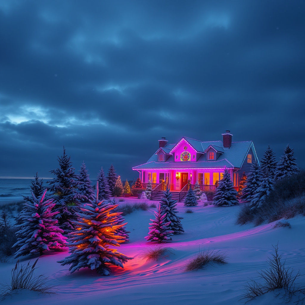 Festive Beach House Aglow with Holiday Lights