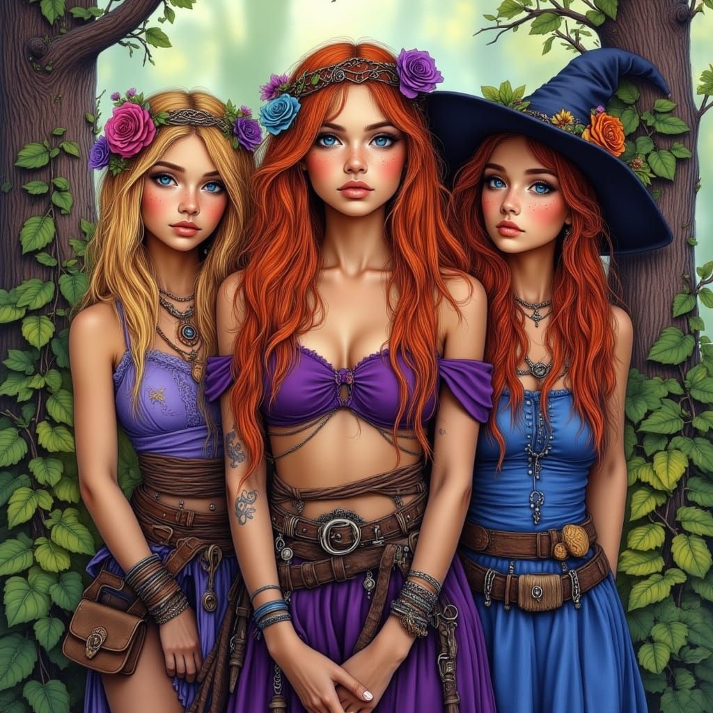 Three Witches Standing in a Vibrant Woodland Scene