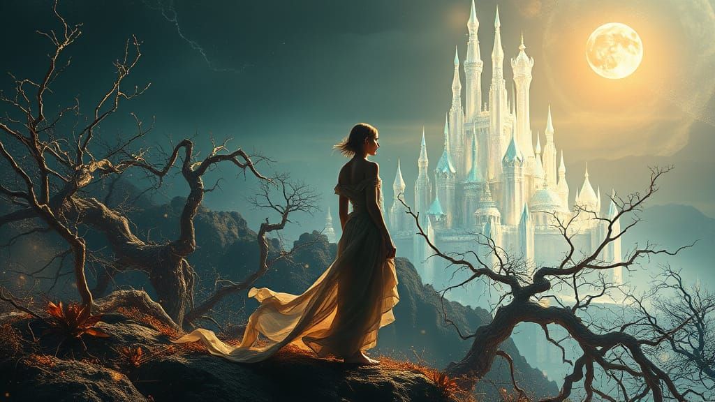 Ethereal Goddess in Fragile Dreamscape with Twisted Tree Roo...