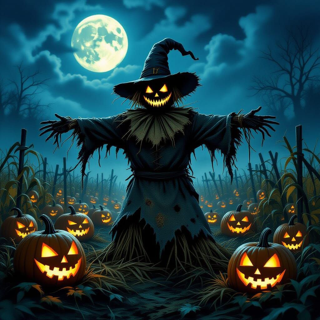 Terrifying Scarecrow in Moonlit Haunted Pumpkin Field