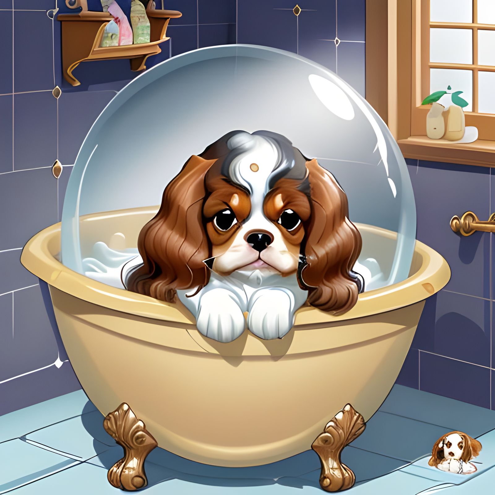 Cavalier King Charles Spaniel in Bubble Bath