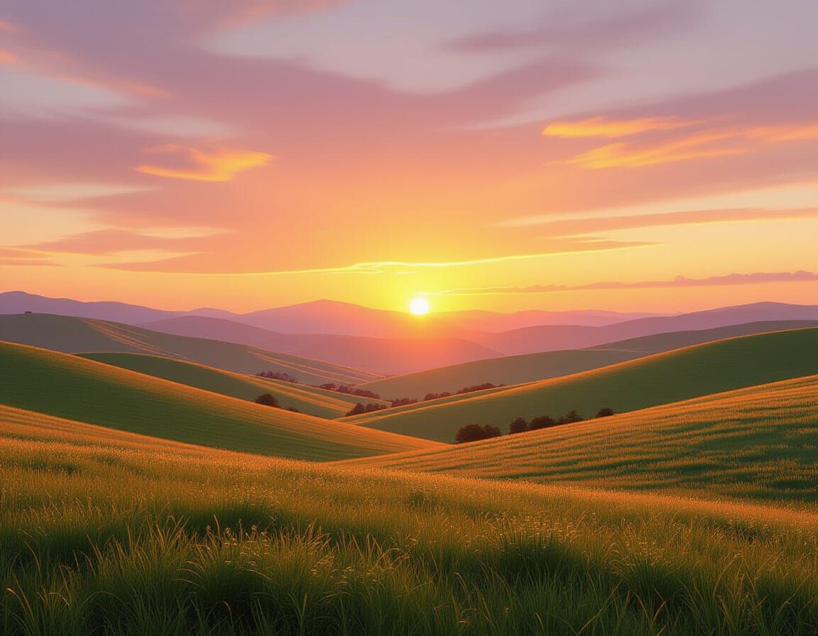 Golden Hour Sunset Over Rolling Hills Matte Painting