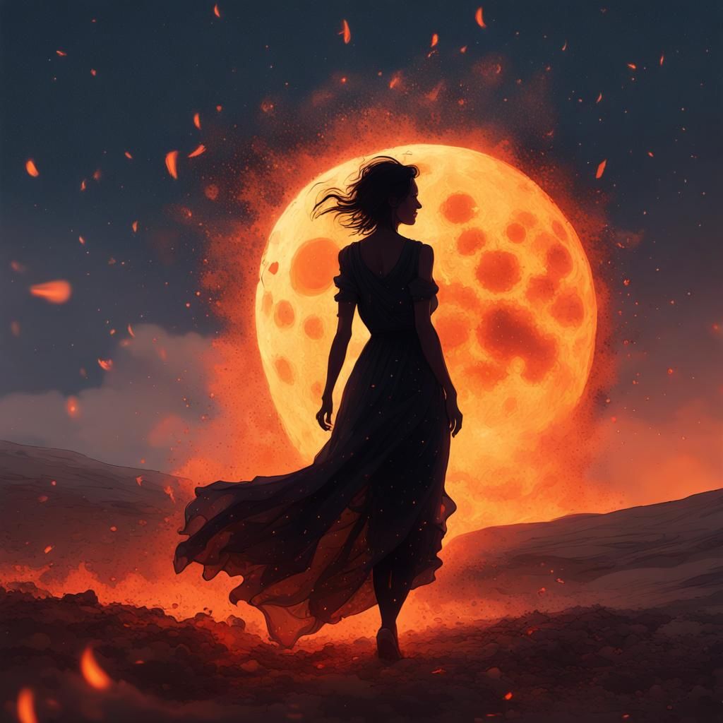 Lonely Woman Silhouette with Exploding Moon in Digital Art