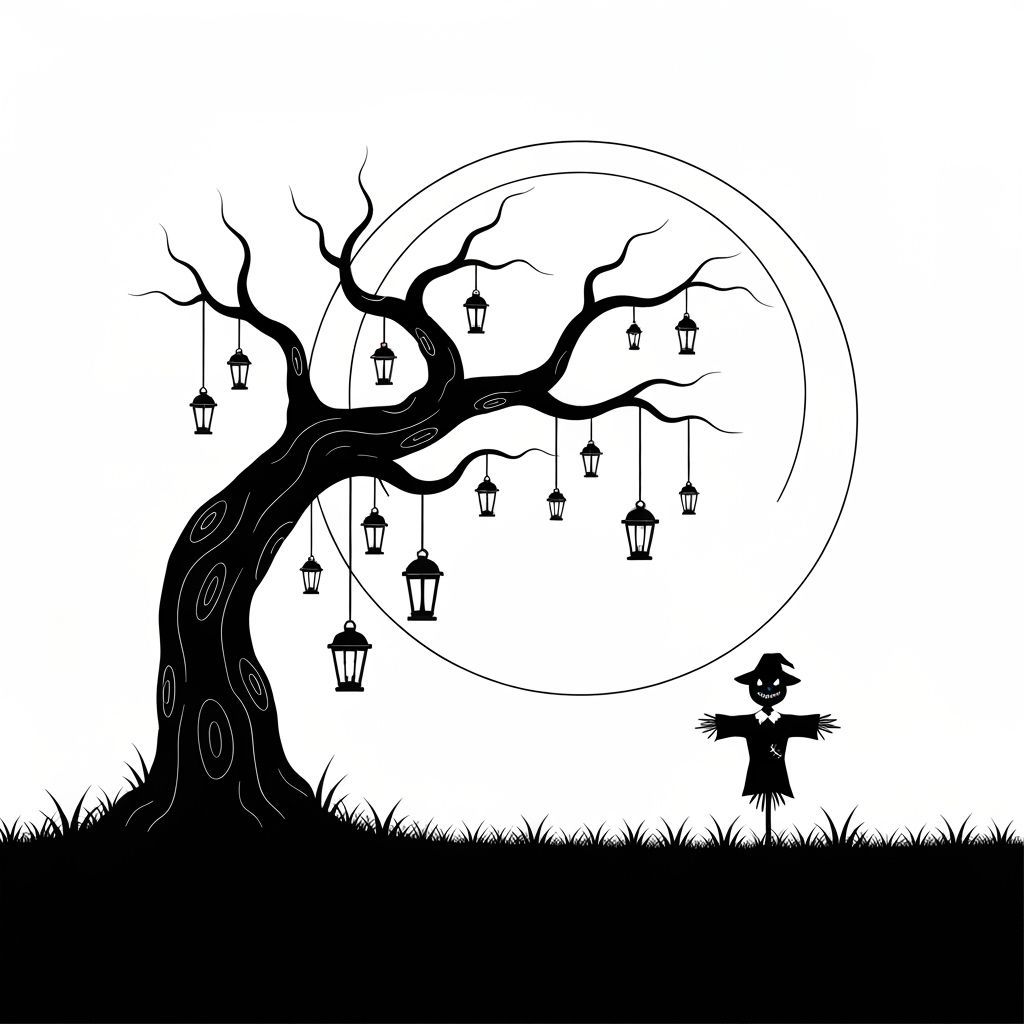Crooked Tree with Lanterns and Scarecrow Under Full Moon