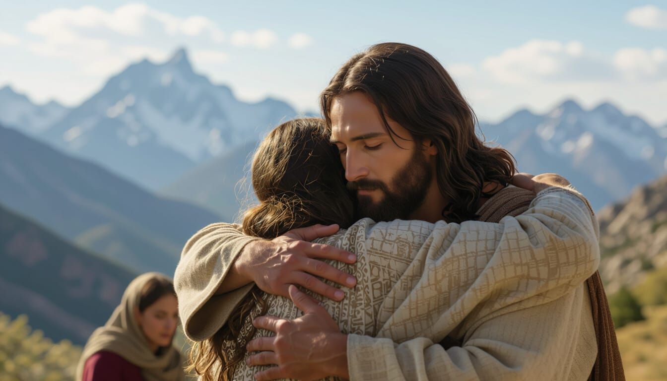 Jesus Christ Embraces Humanity Amidst Mountain Scenery