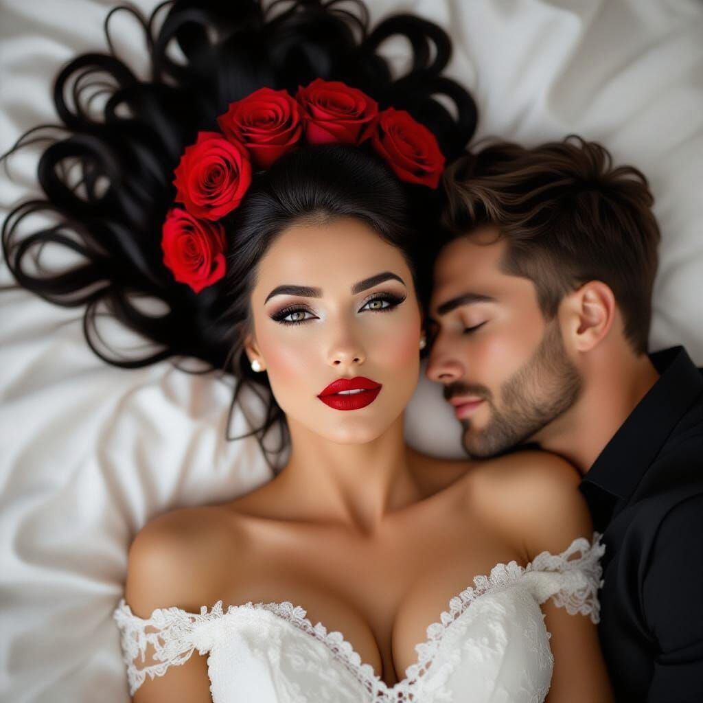 Woman with Roses in Hair on Bed