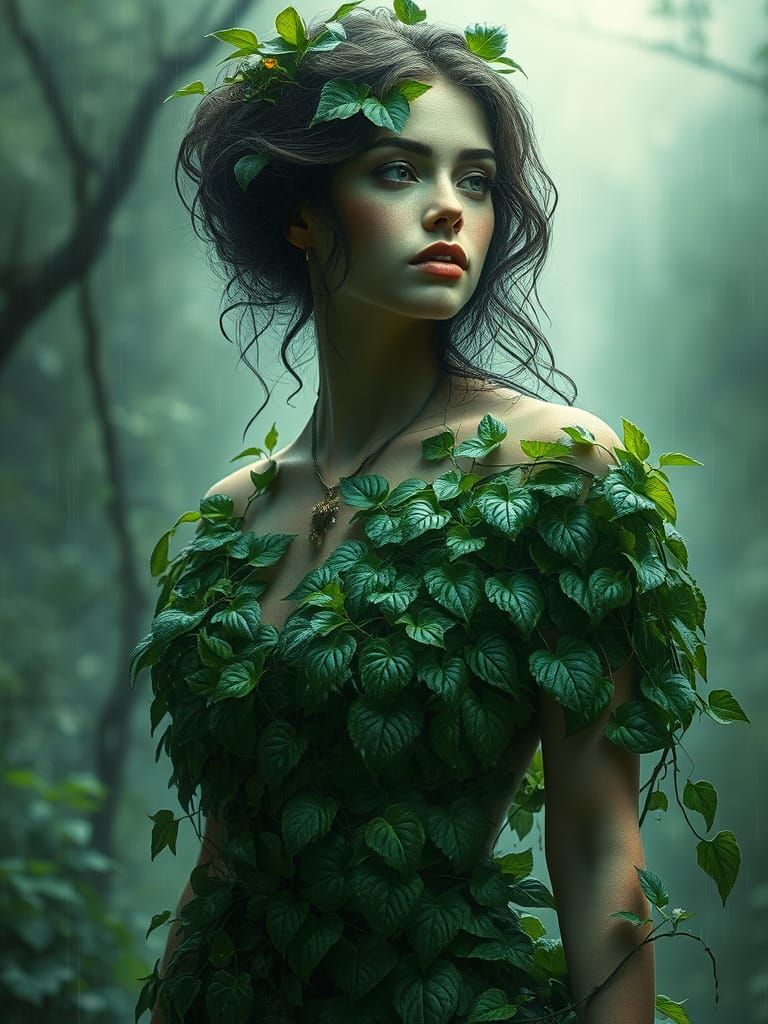 Botanical Woman Portrait in Jade Tones