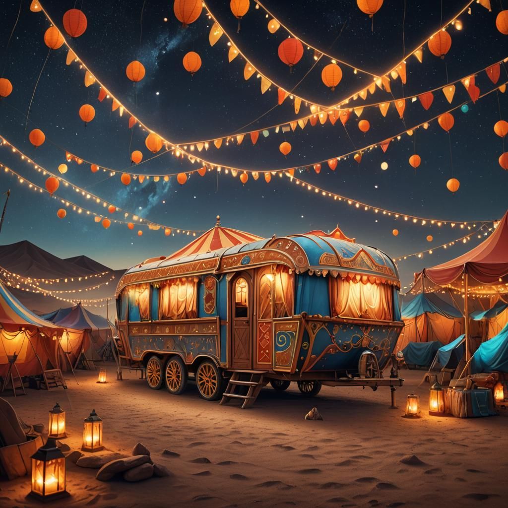 Vibrant Desert Circus Caravan at Night