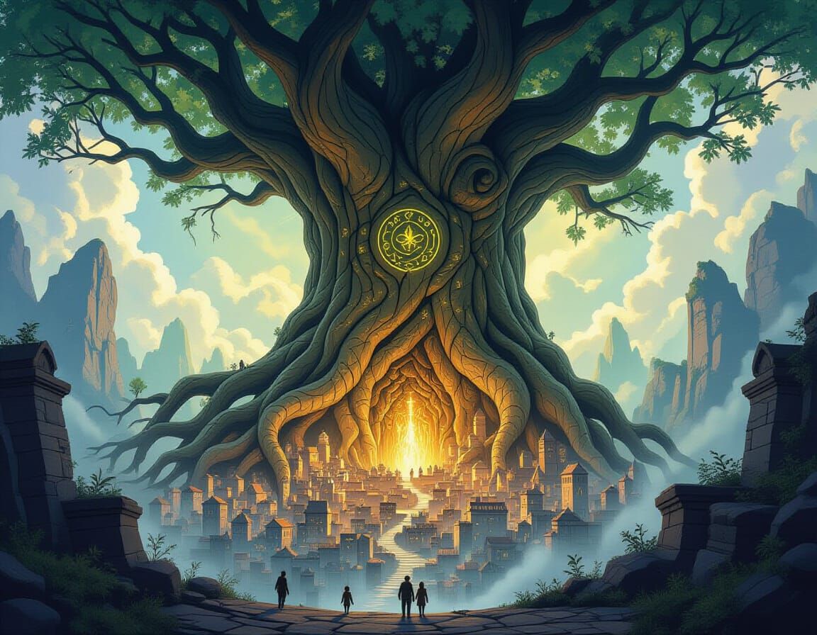 Ancient Tree Archway Over Hidden City in Digital Painting St...