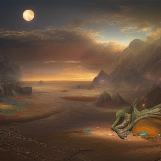 Surrealist Egg in Summer Night, Oil on Canvas