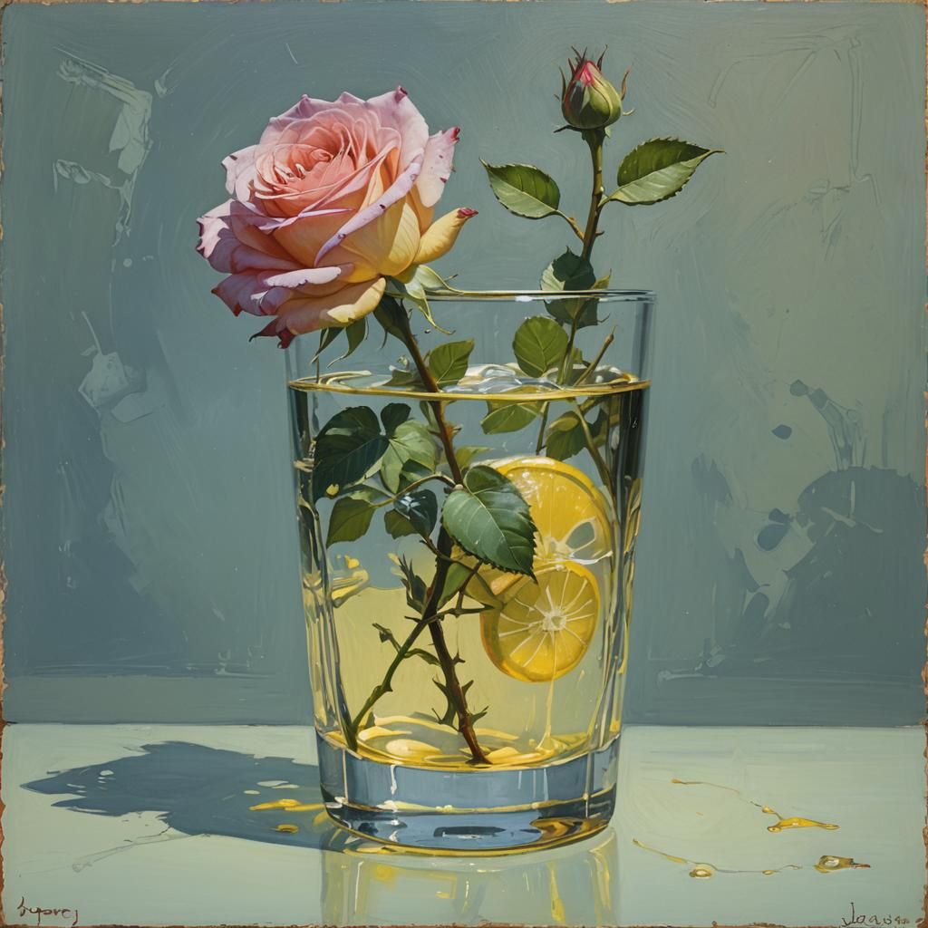 Rose in Lemonade Still Life as Oil Painting