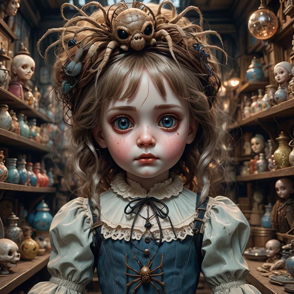 Eerie Spider Doll in Dusty Toy Shop