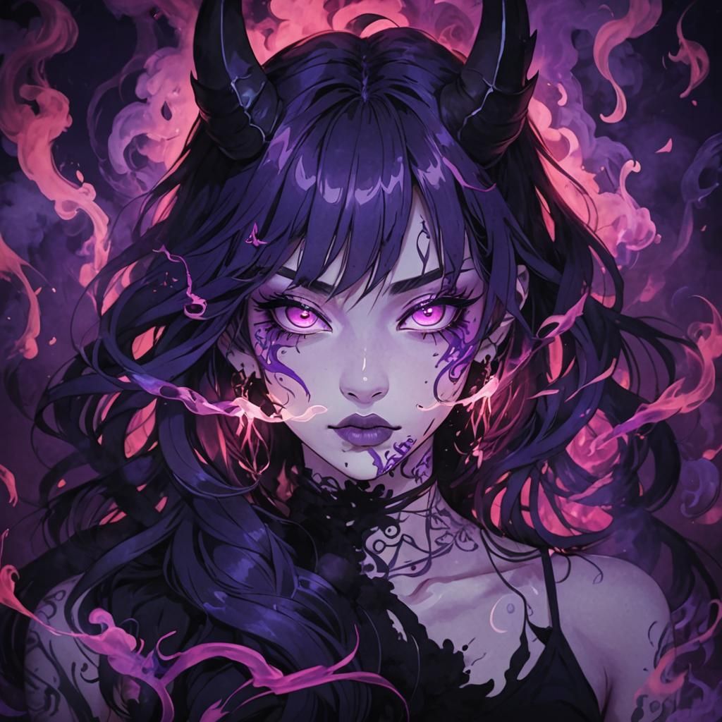 Anime Devil Girl with Purple Eyes and Smoke