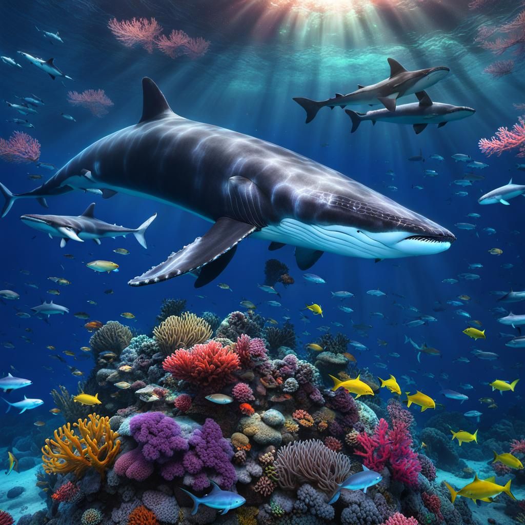 Colorful Whale in Bioluminescent Deep Ocean, Anime Art