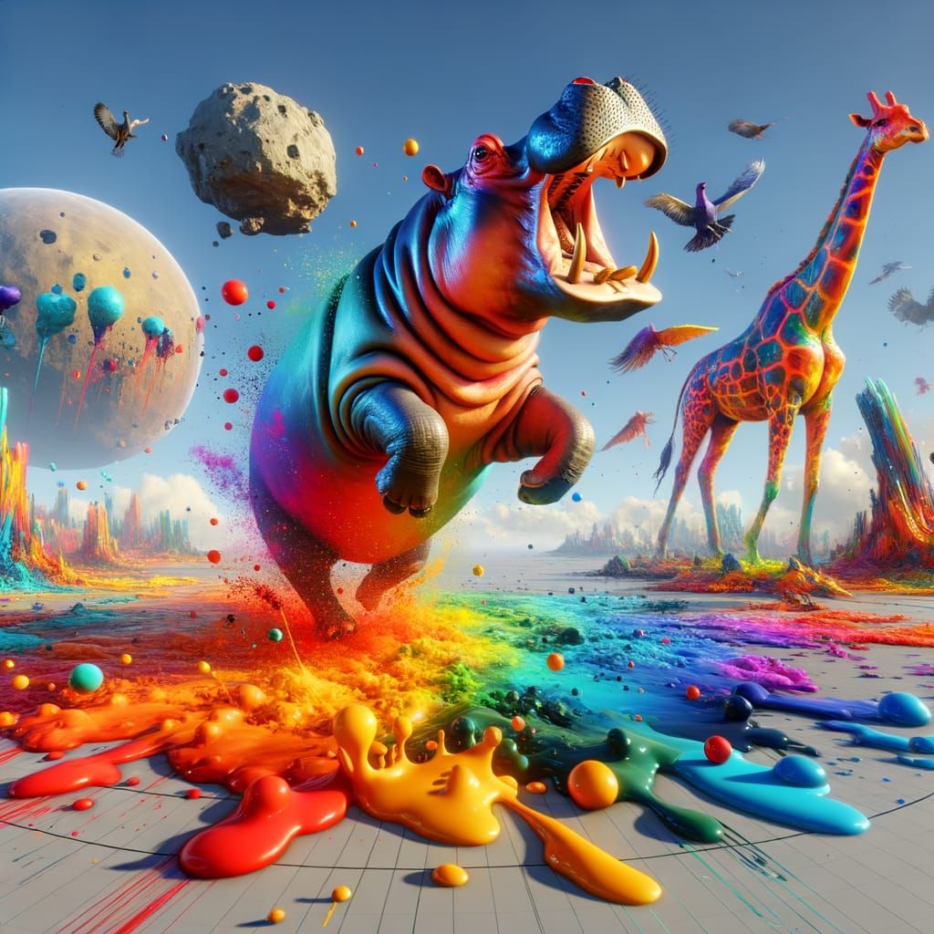 A Hippopotamus Dances on an Asteroid Amidst a Surreal Giraff...