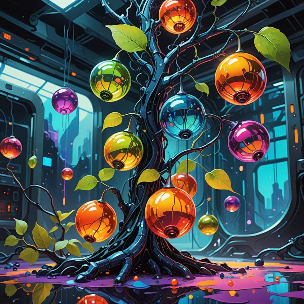 Vibrant Metallic Bloom in Futuristic Laboratory