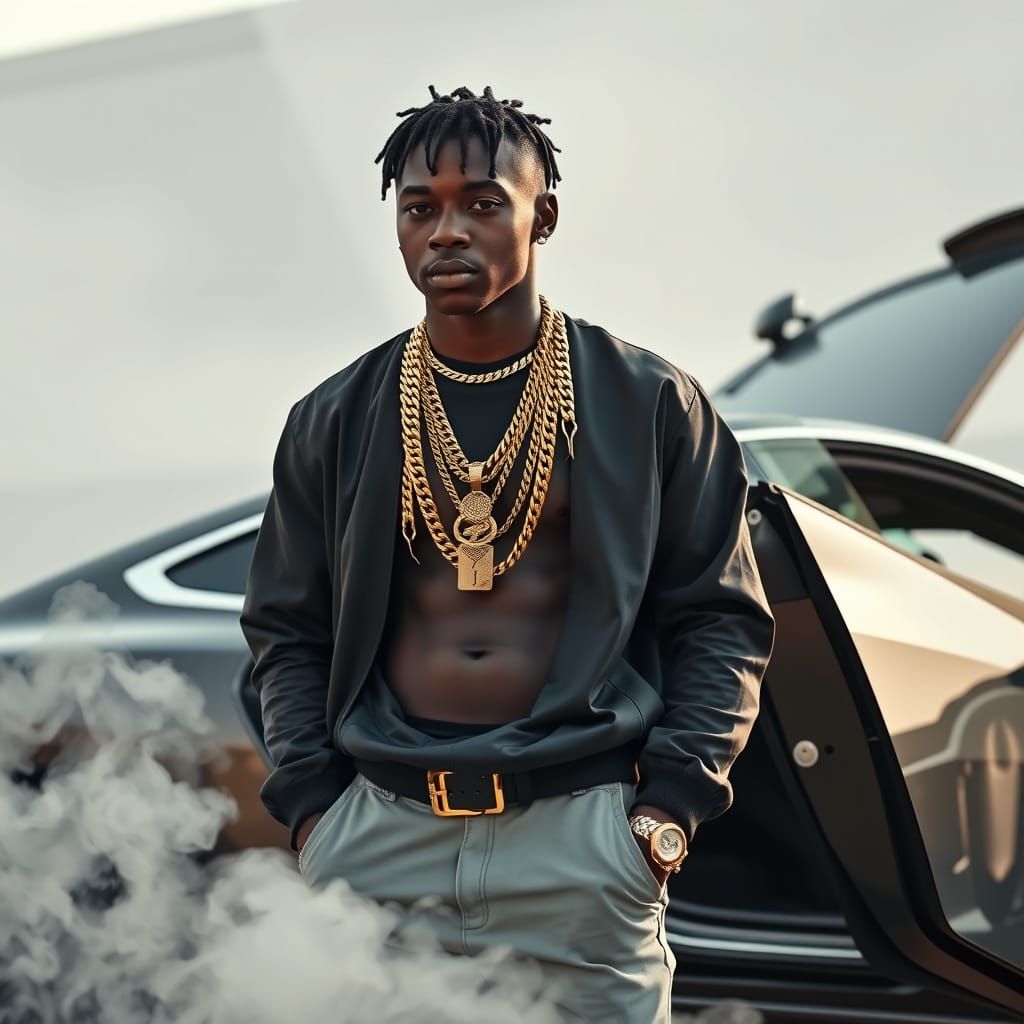 Trendy Young Man With Gold Chains by Car