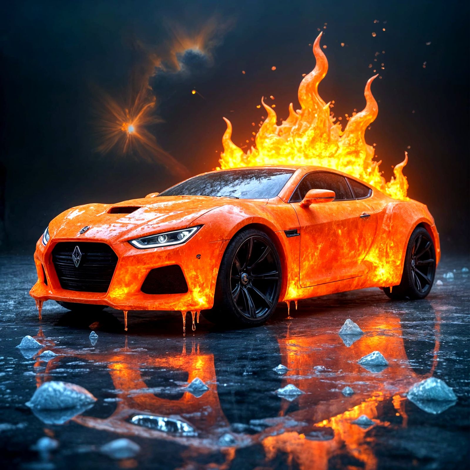 Futuristic Lava Car with Fiery Orange Flames