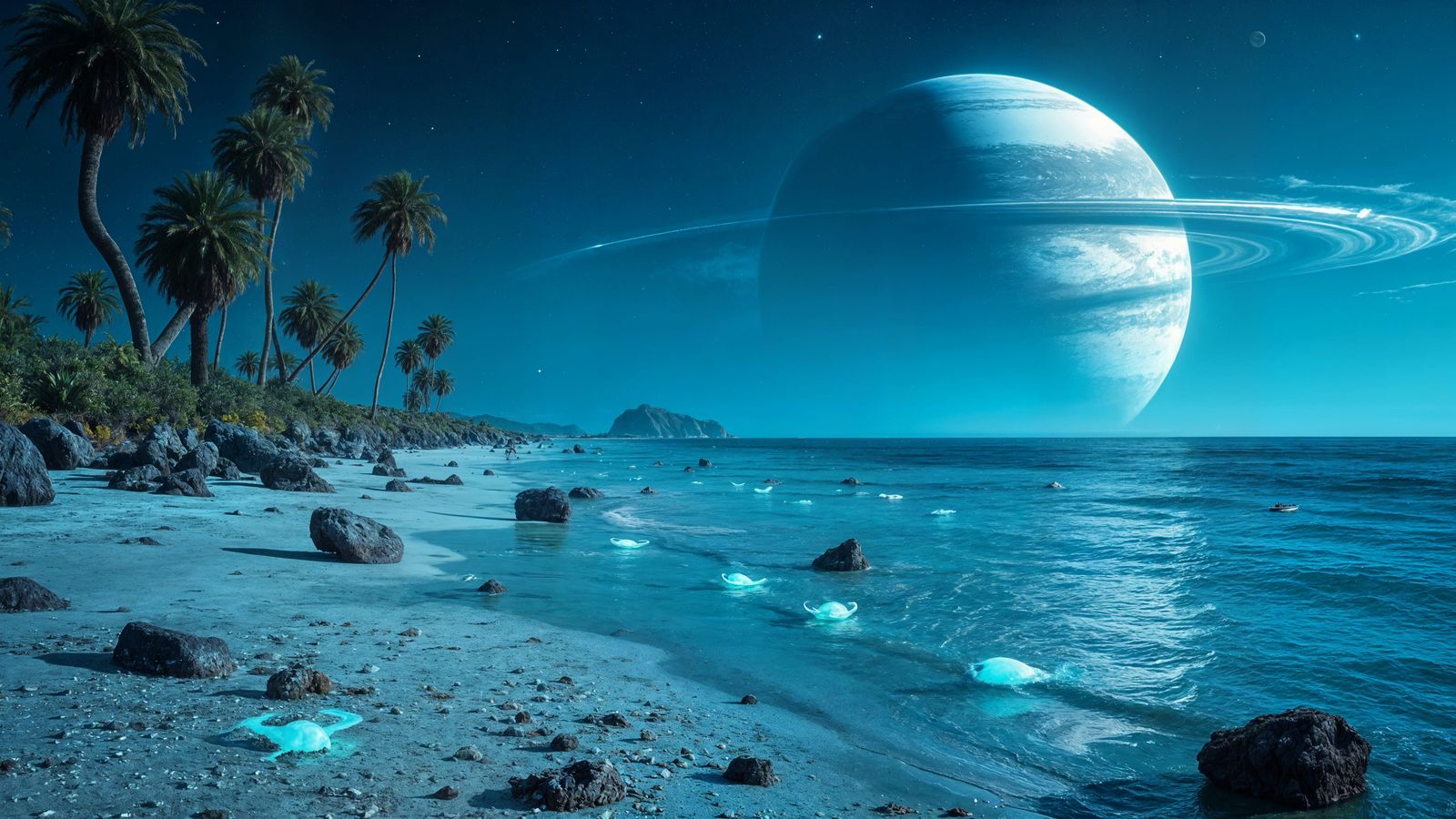 Exotic Alien Beach with Ringed Gas Giant