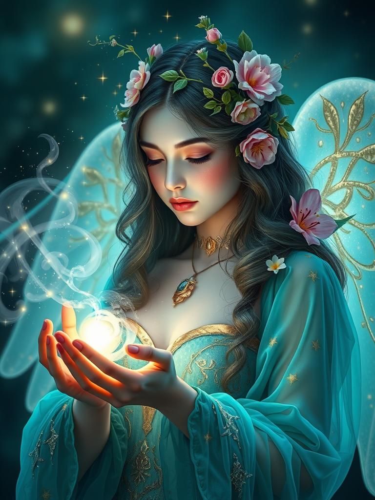 Ethereal Mystic with Glowing Stars, Hyperrealistic Illustrat...