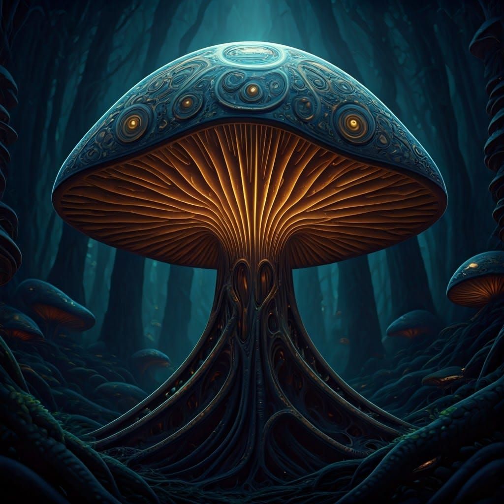 Alien Mushroom Glows in Dark Biomechanical Forest