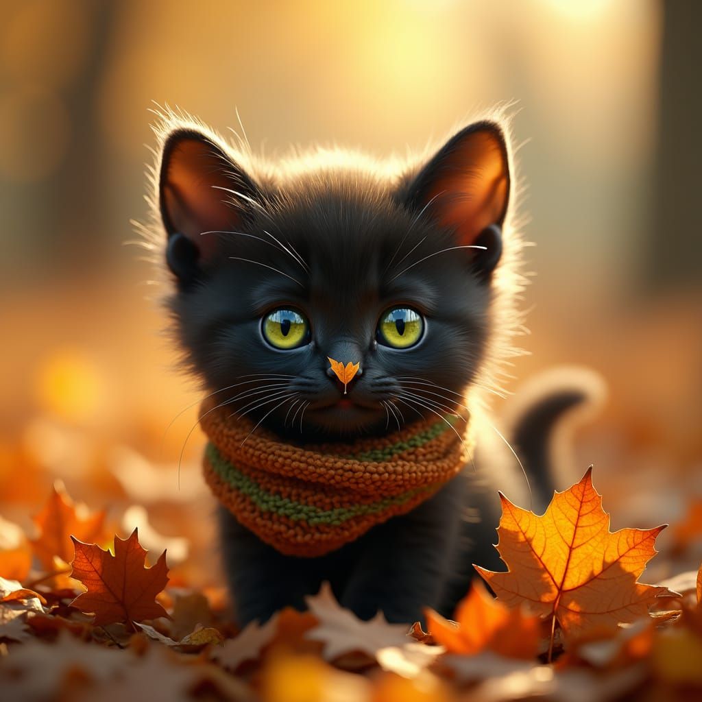 Cute Black Kitten Peeking from Autumn Leaves with Scarf